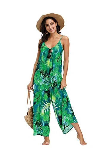 Jungle Green Women's Scoop Neck Floral Wide Leg Pants Jumpsuit (up to 3XL)