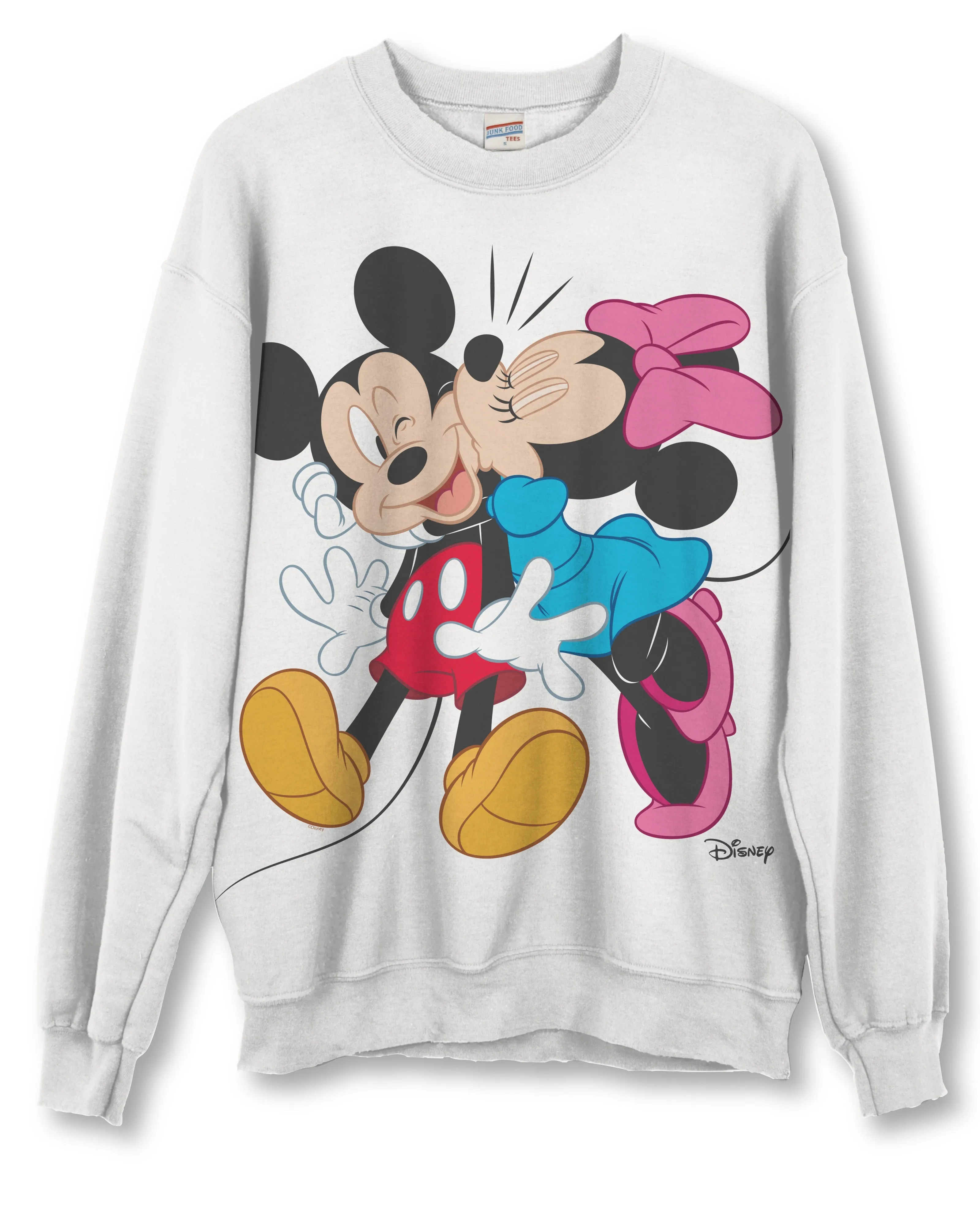 Junkfood Clothing, Fleece, Disney Mickey & Minnie Kiss Sweatshirt in white
