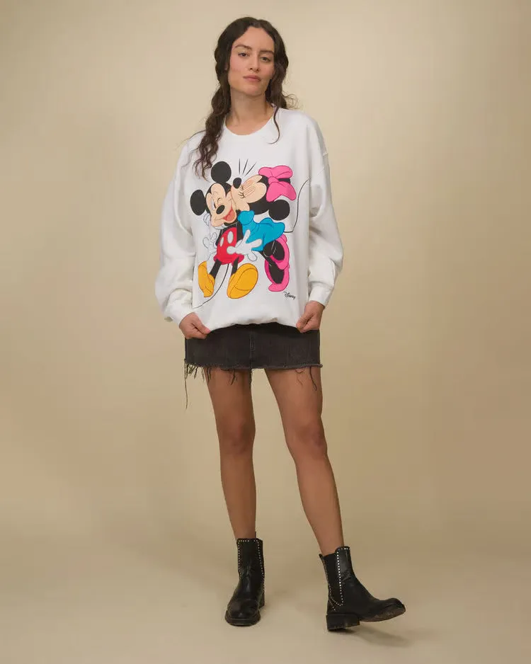 Junkfood Clothing, Fleece, Disney Mickey & Minnie Kiss Sweatshirt in white