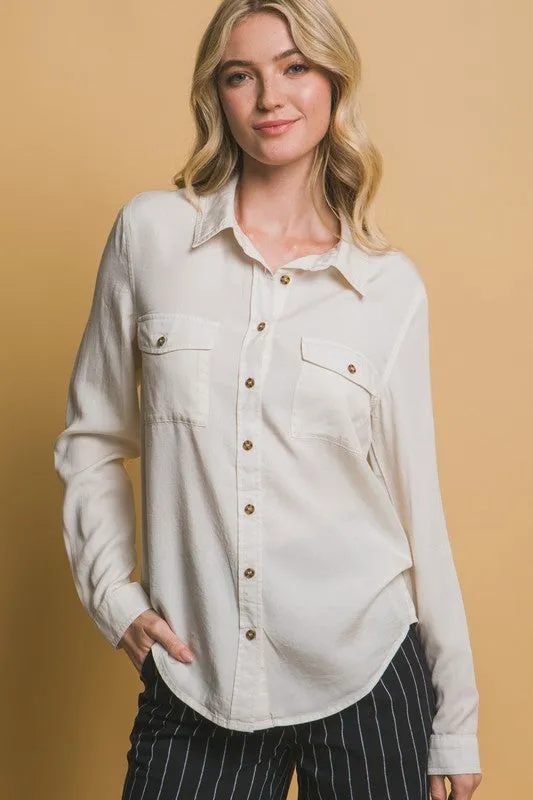 Karine Natural or Baby Pink Long Sleeve Tencel Button Down Top