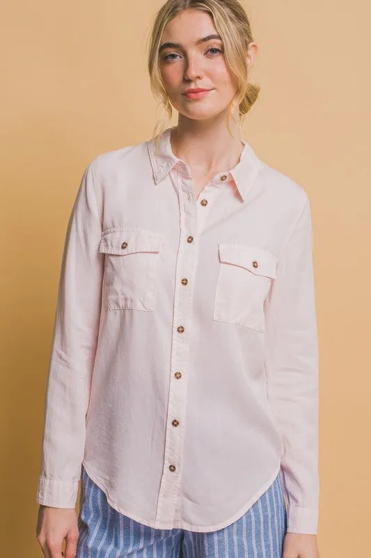 Karine Natural or Baby Pink Long Sleeve Tencel Button Down Top
