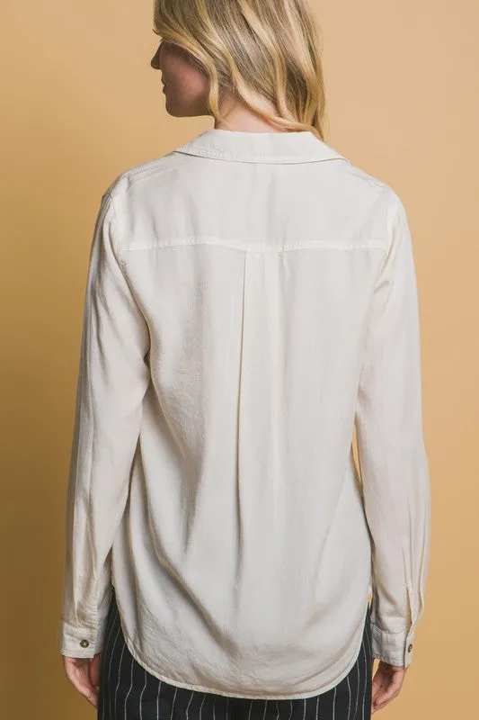 Karine Natural or Baby Pink Long Sleeve Tencel Button Down Top