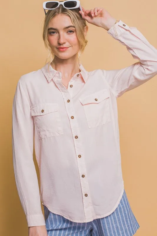 Karine Natural or Baby Pink Long Sleeve Tencel Button Down Top
