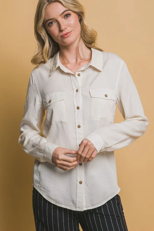 Karine Natural or Baby Pink Long Sleeve Tencel Button Down Top
