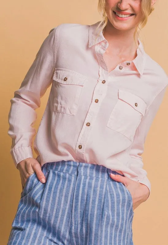 Karine Natural or Baby Pink Long Sleeve Tencel Button Down Top