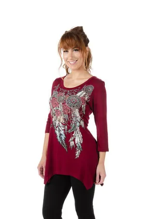 Liberty Wear Collection Tops: Feathers & Conchos Burgundy