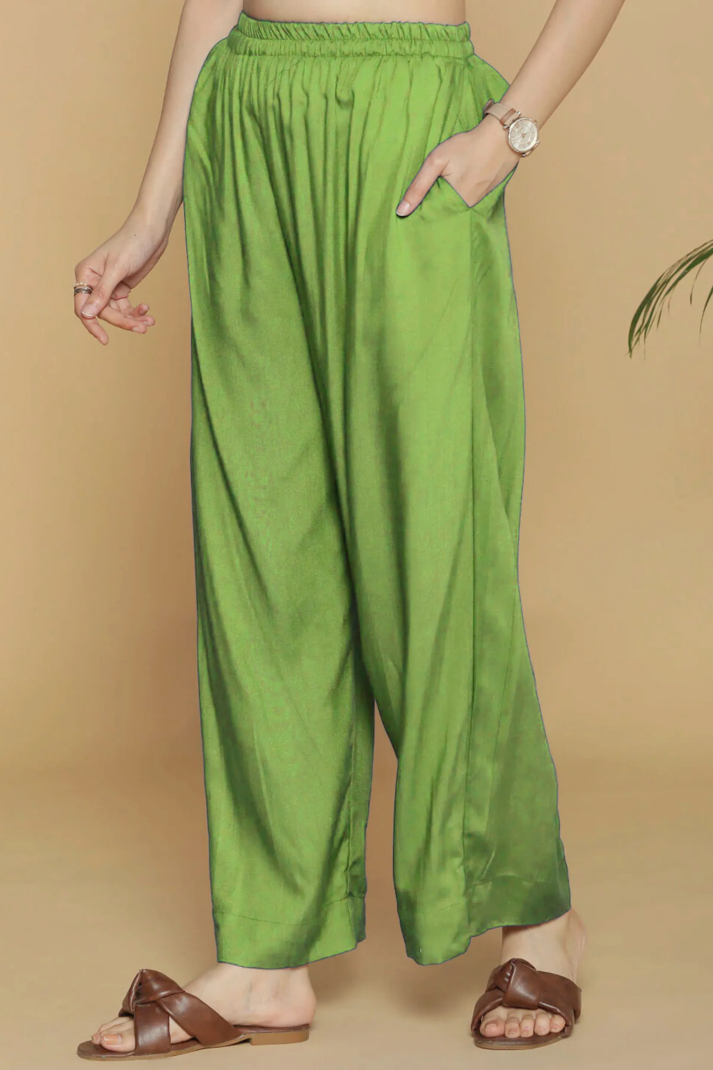 Light Green Flared Rayon Palazzo Pants