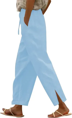 Linen Pants Women Casual Side Split Capri Pants Summer Beach Drawstring Elastic Waist Cropped Trousers with Pockets