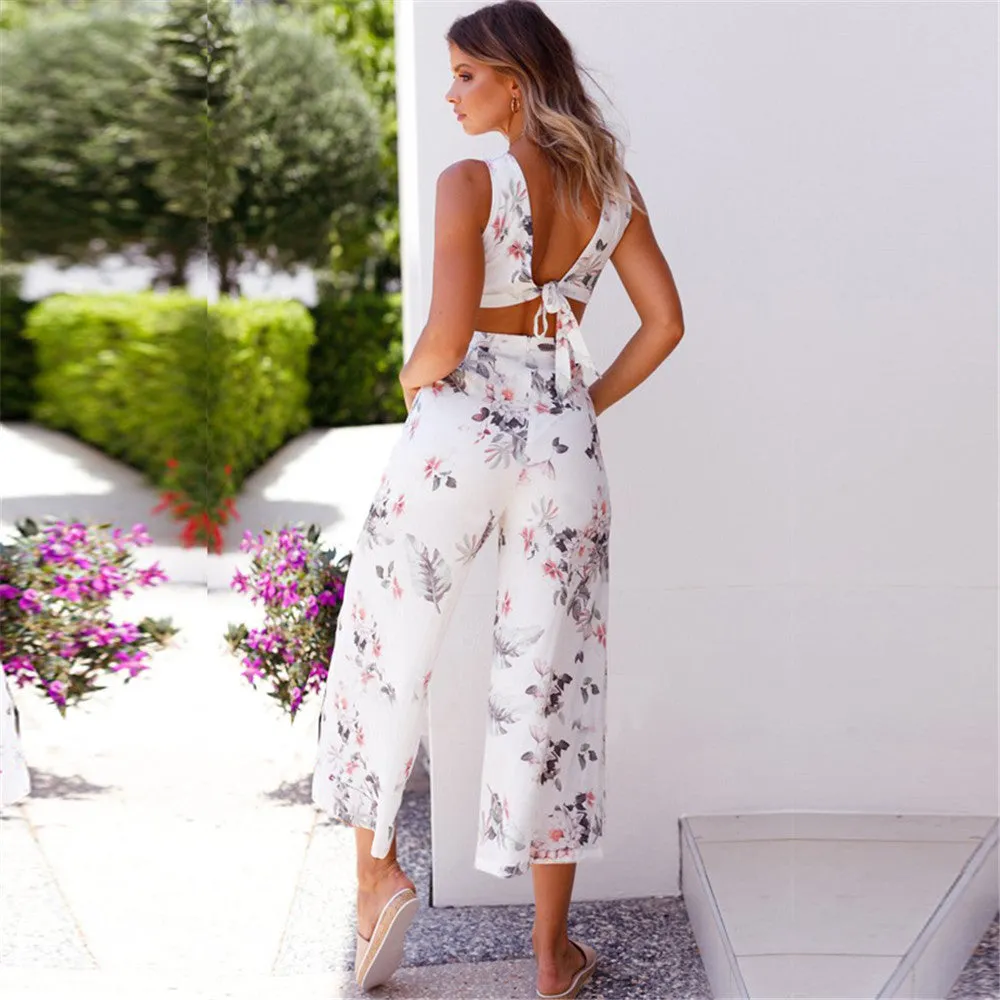 Loose Sleeveless Open Back Lace Up High Waist Flower Print Long Wide-leg Jumpsuits
