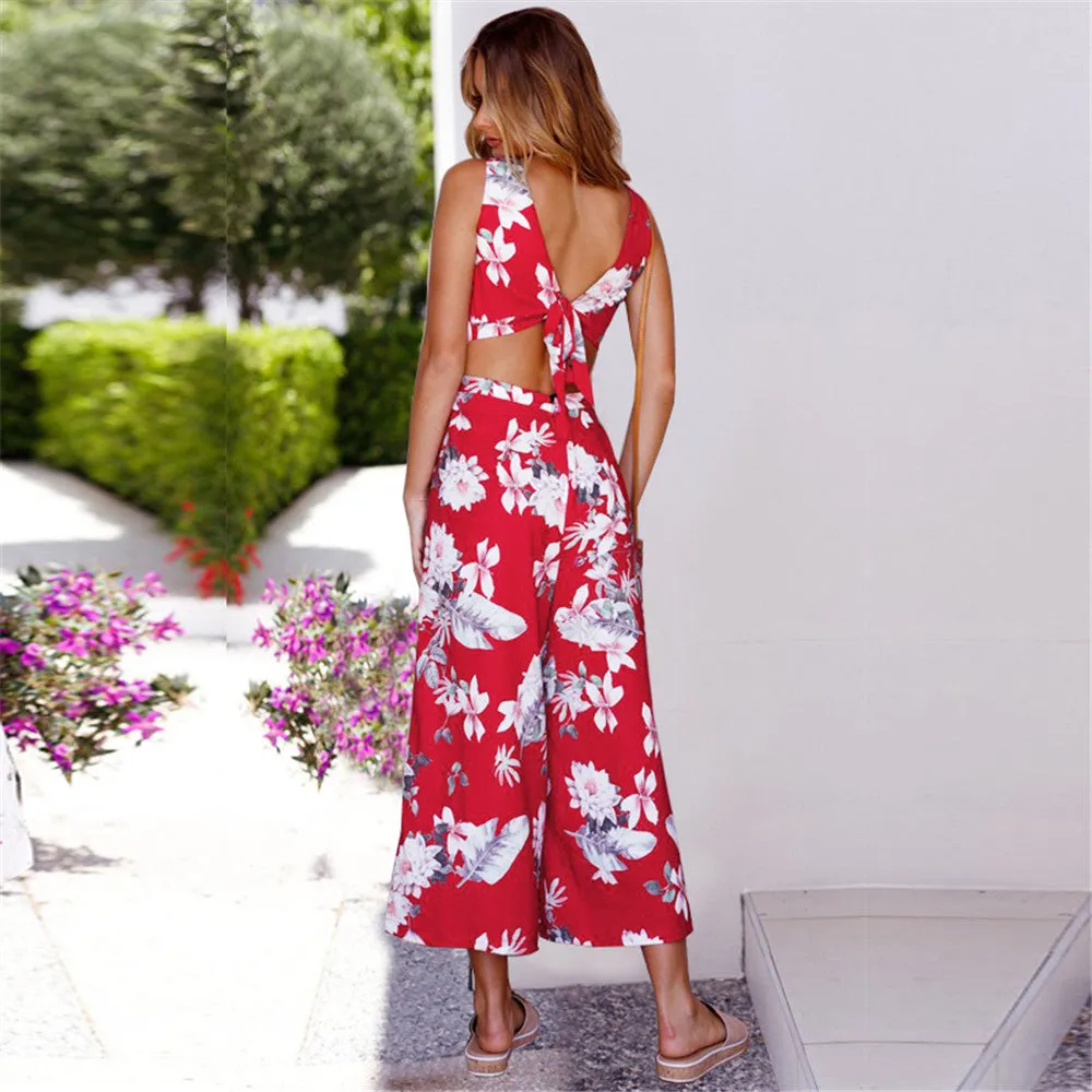 Loose Sleeveless Open Back Lace Up High Waist Flower Print Long Wide-leg Jumpsuits