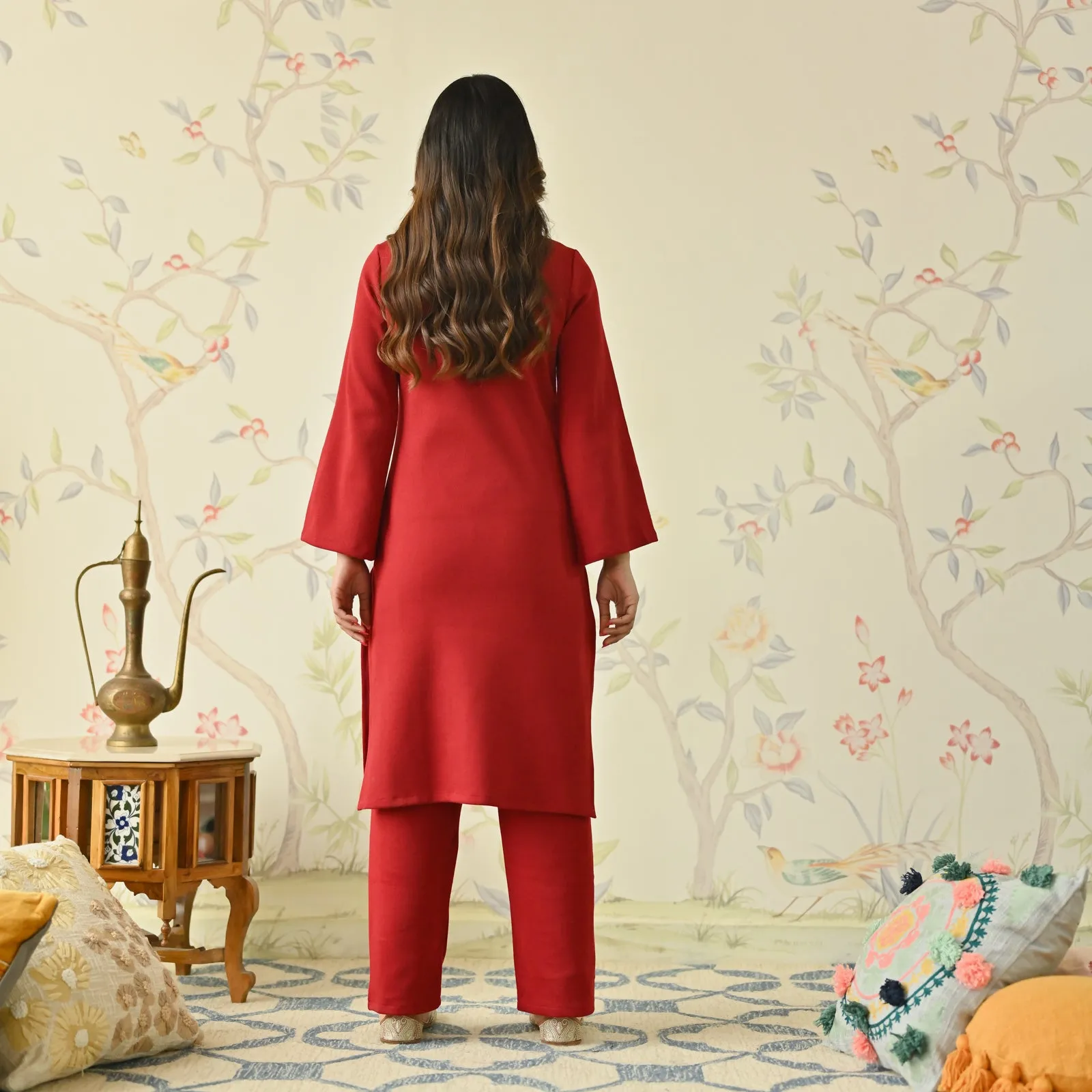 Maroon Woollen Aari Embroidered Floral Kurta with Flared Sleeves