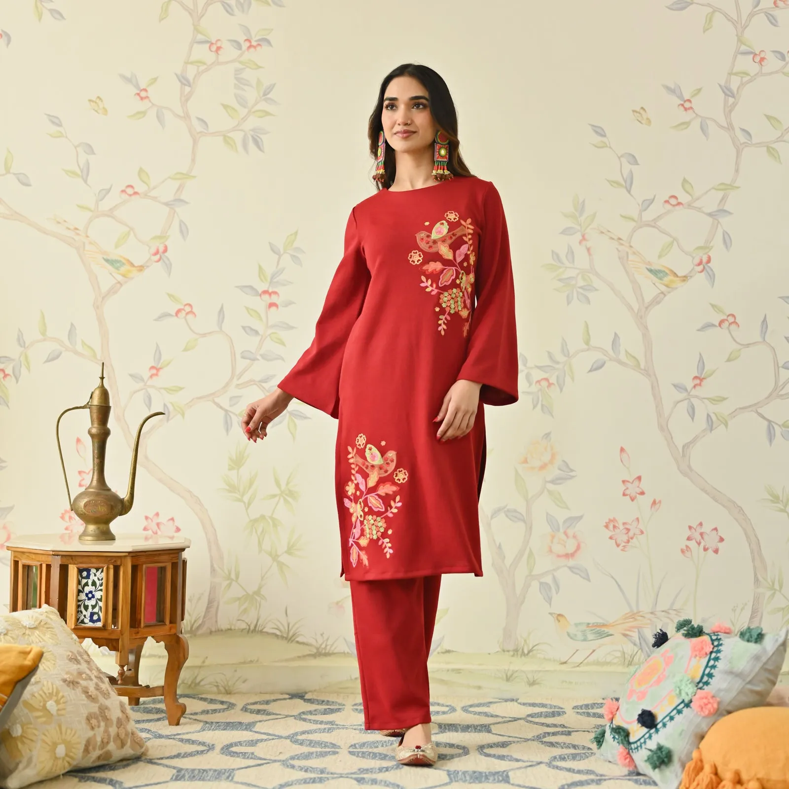 Maroon Woollen Aari Embroidered Floral Kurta with Flared Sleeves