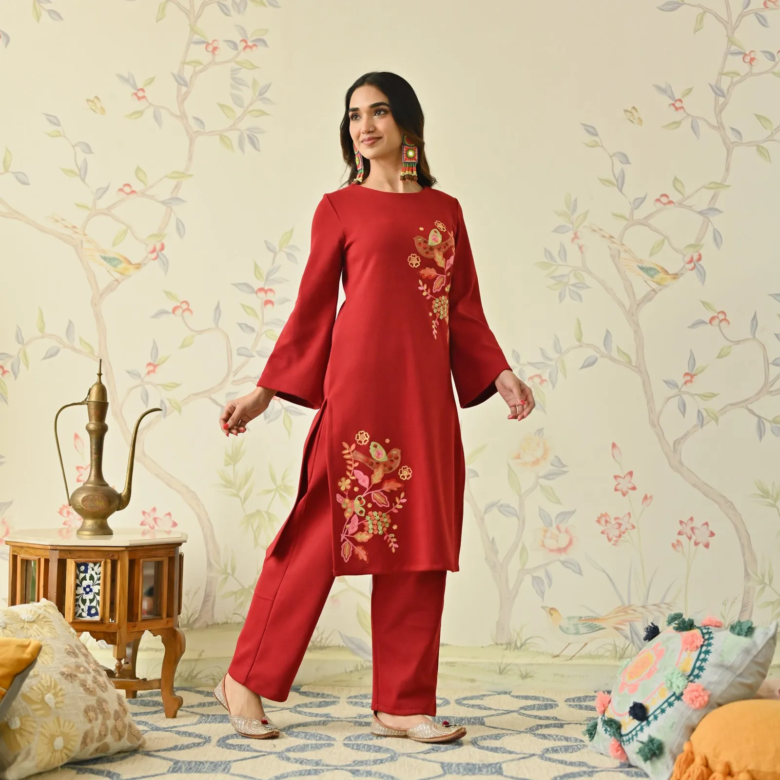 Maroon Woollen Aari Embroidered Floral Kurta with Flared Sleeves