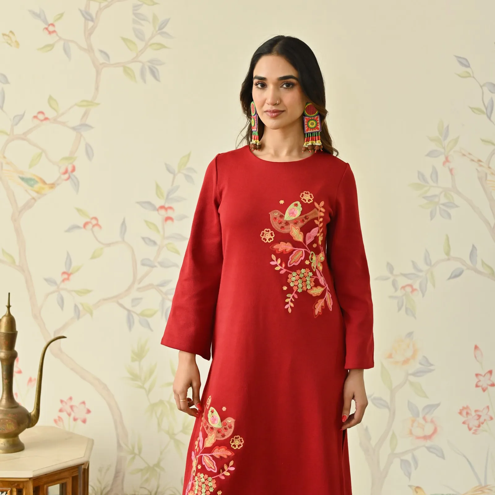 Maroon Woollen Aari Embroidered Floral Kurta with Flared Sleeves