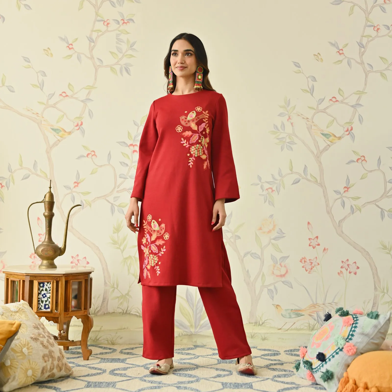 Maroon Woollen Aari Embroidered Floral Kurta with Flared Sleeves