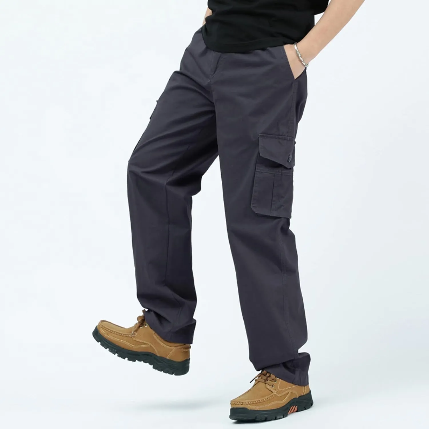 Mens Workout Cargo Sweatpants Drawstring Loose Waist Solid Color Pants Pocket Loose Fleece Casual Pants Men Fashion