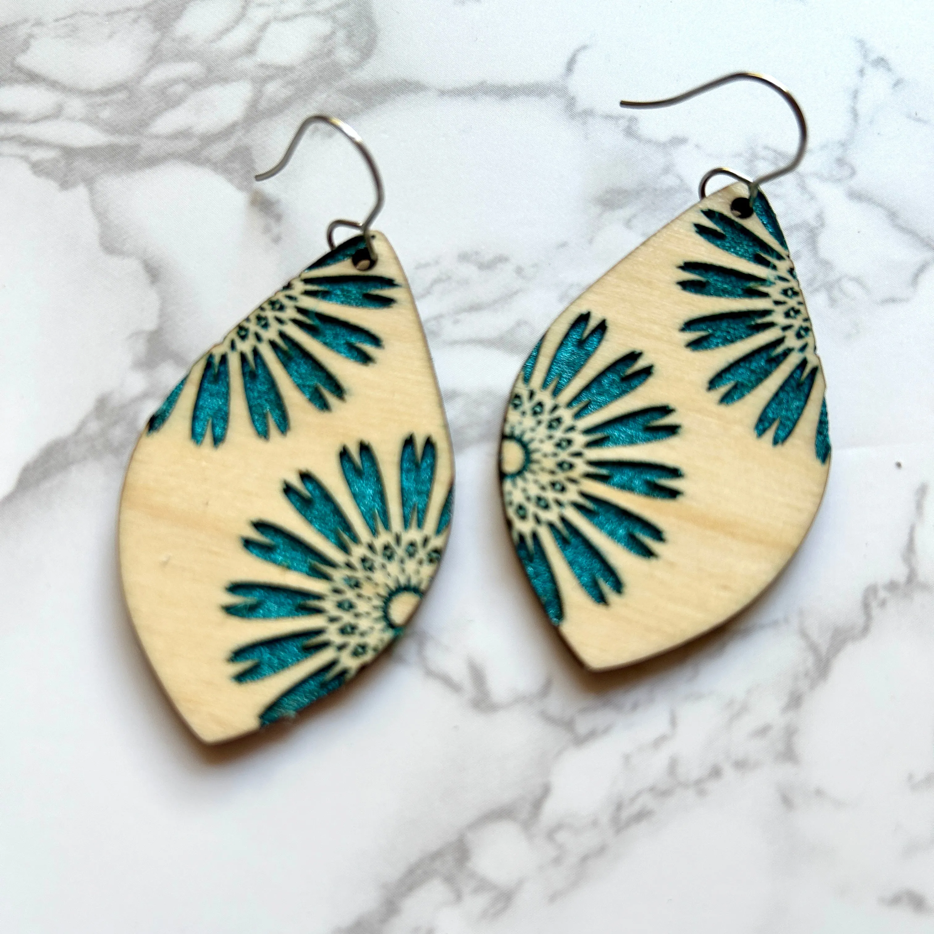 Metallic Teal Floral Wood Earrings