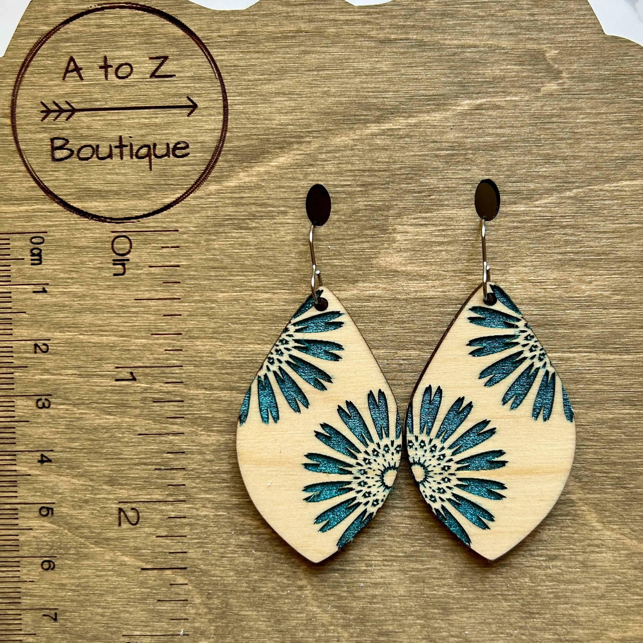 Metallic Teal Floral Wood Earrings