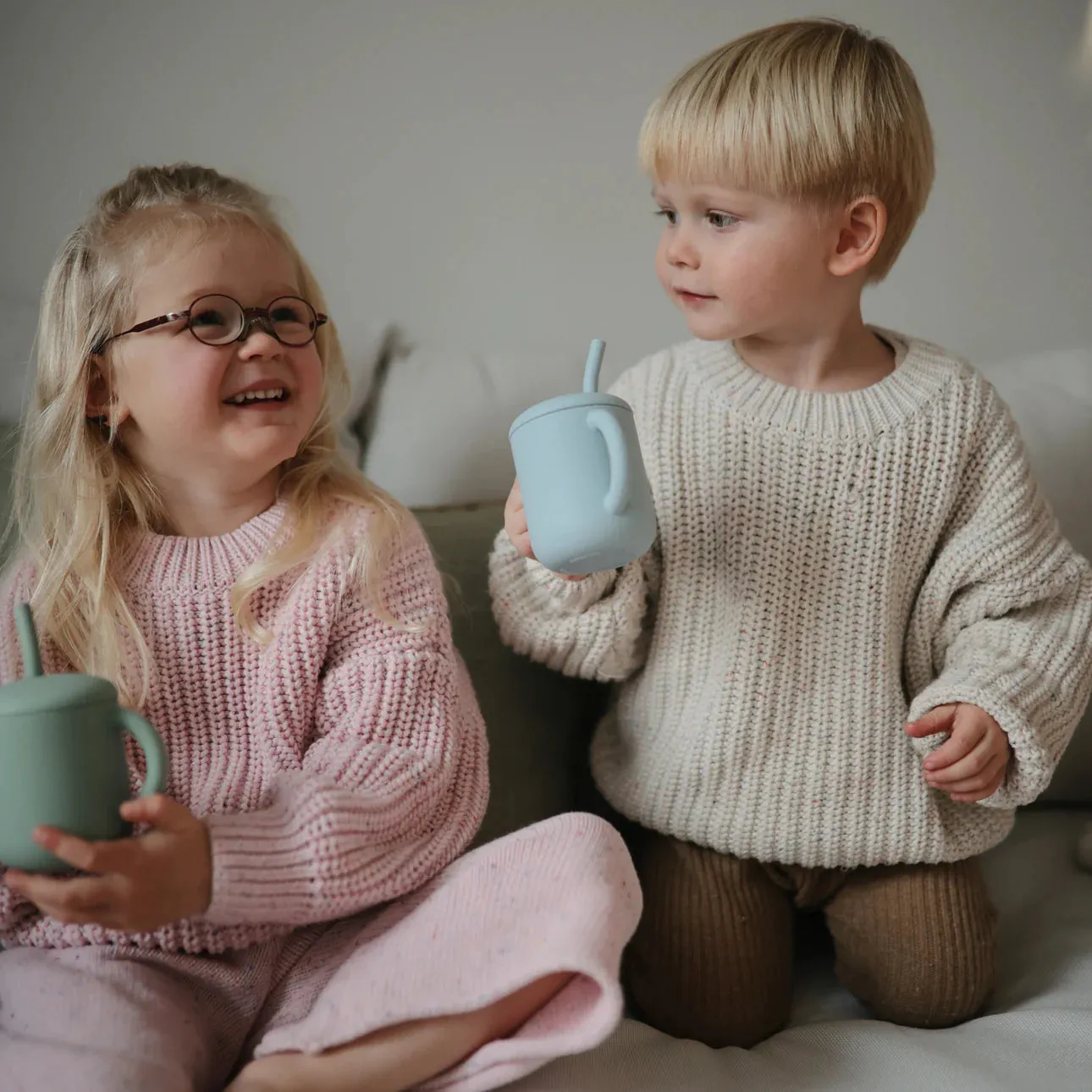 Mushie Silicone Training Cup with Straw in Powder Blue