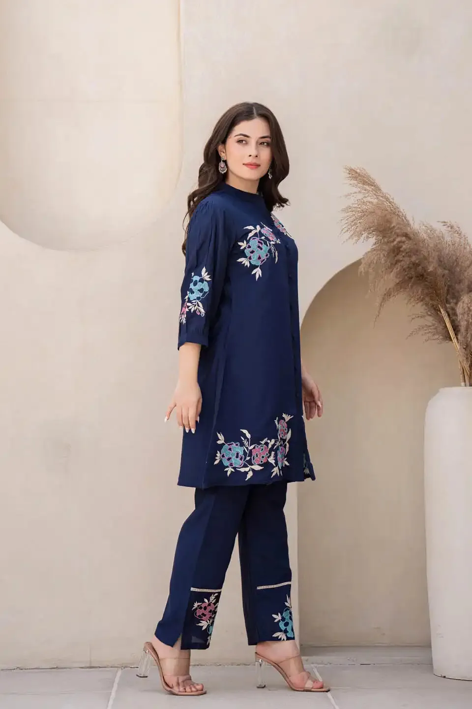 NAVY BLUE FLORAL EMBROIDERED CO-ORD SET