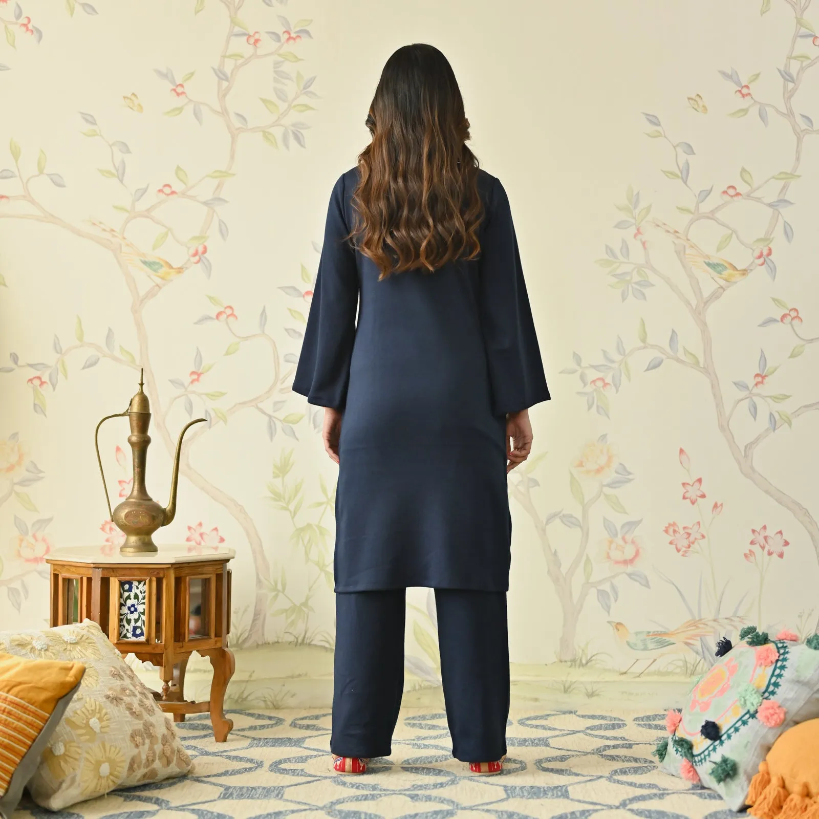 Navy Blue Woollen Aari Embroidered Floral Kurta Pant Set with Flared Sleeves
