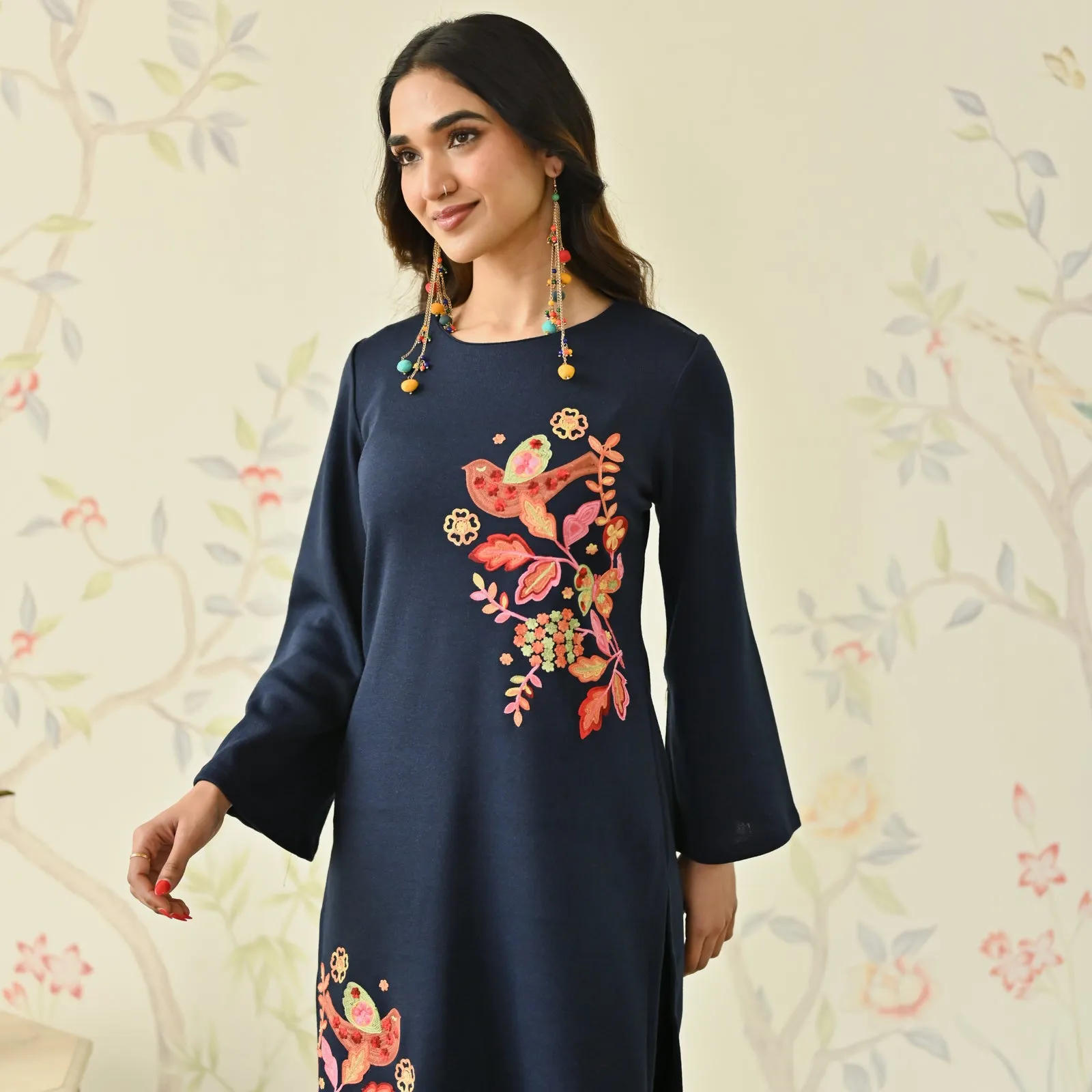 Navy Blue Woollen Aari Embroidered Floral Kurta Pant Set with Flared Sleeves