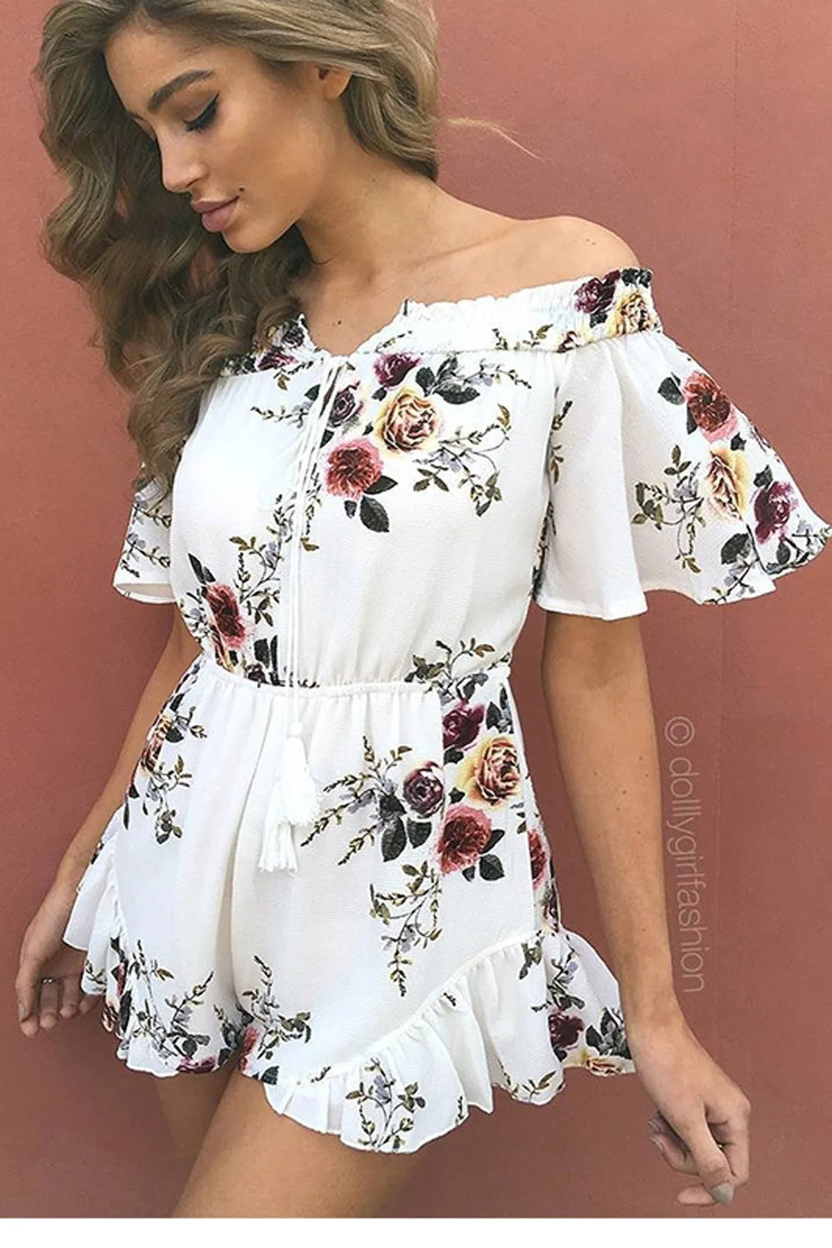 Off Shoulder Flower Print Short Beach Romper