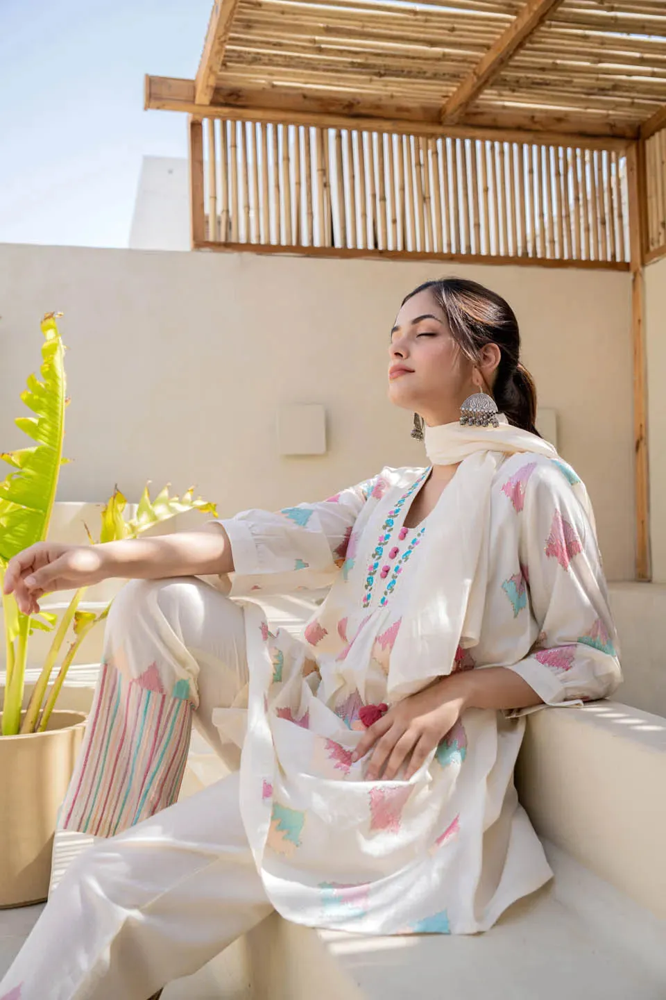 OFF-WHITE PASTEL GEOMETRIC PRINTED A-LINE KURTA SET WITH EMBROIDERED DETAILING & DUPATTA
