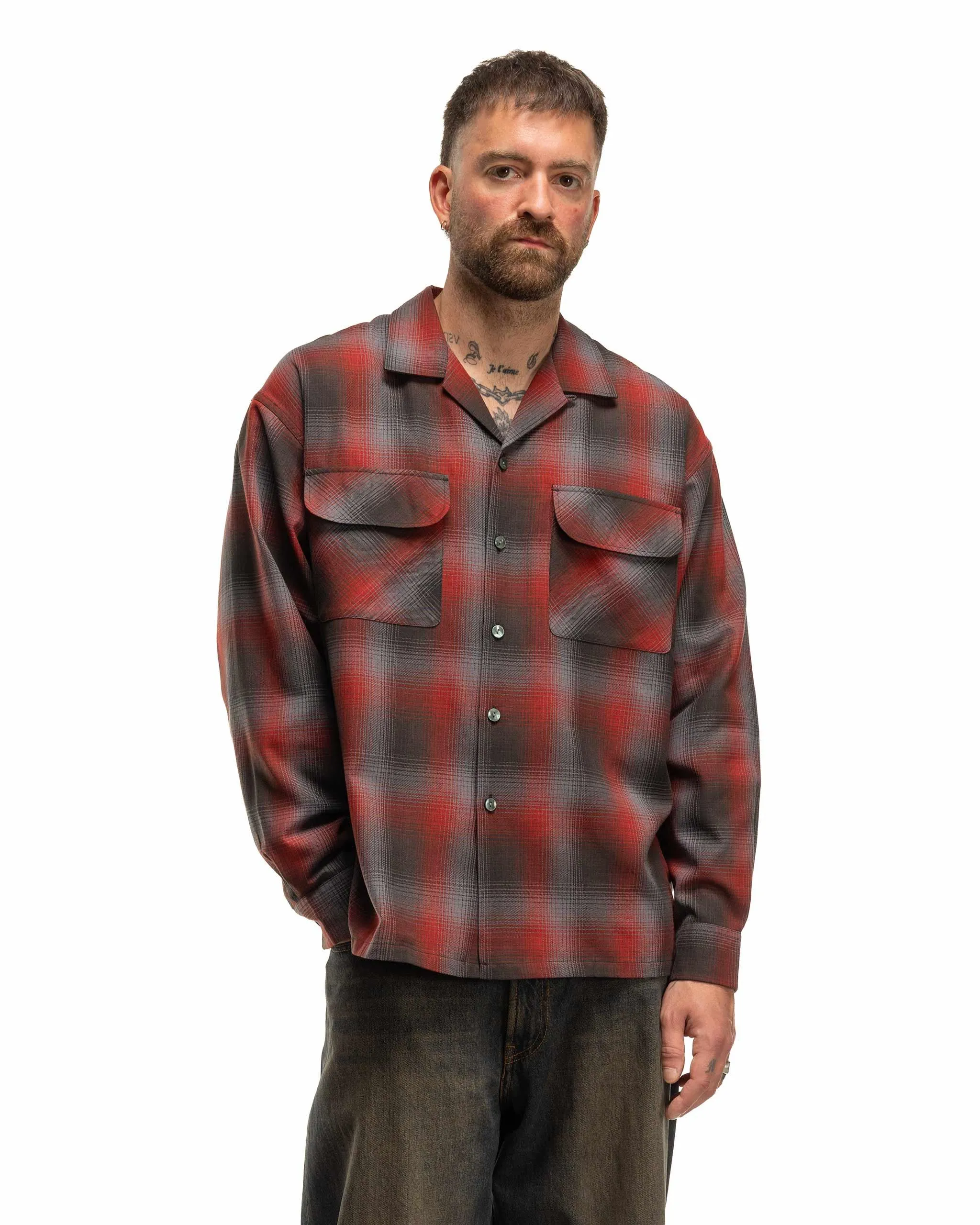 Ombre Open Collar Flannel Shirt Red