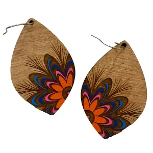 Orange and Pink Flower Wood Hand Painted Earrings