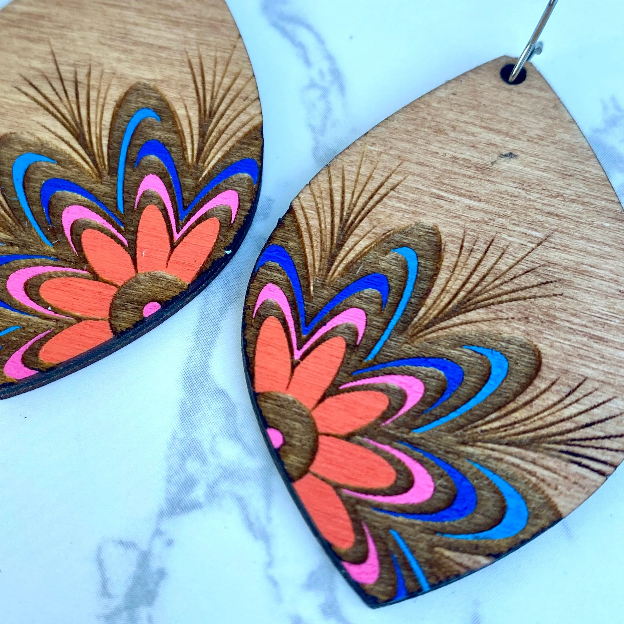 Orange and Pink Flower Wood Hand Painted Earrings
