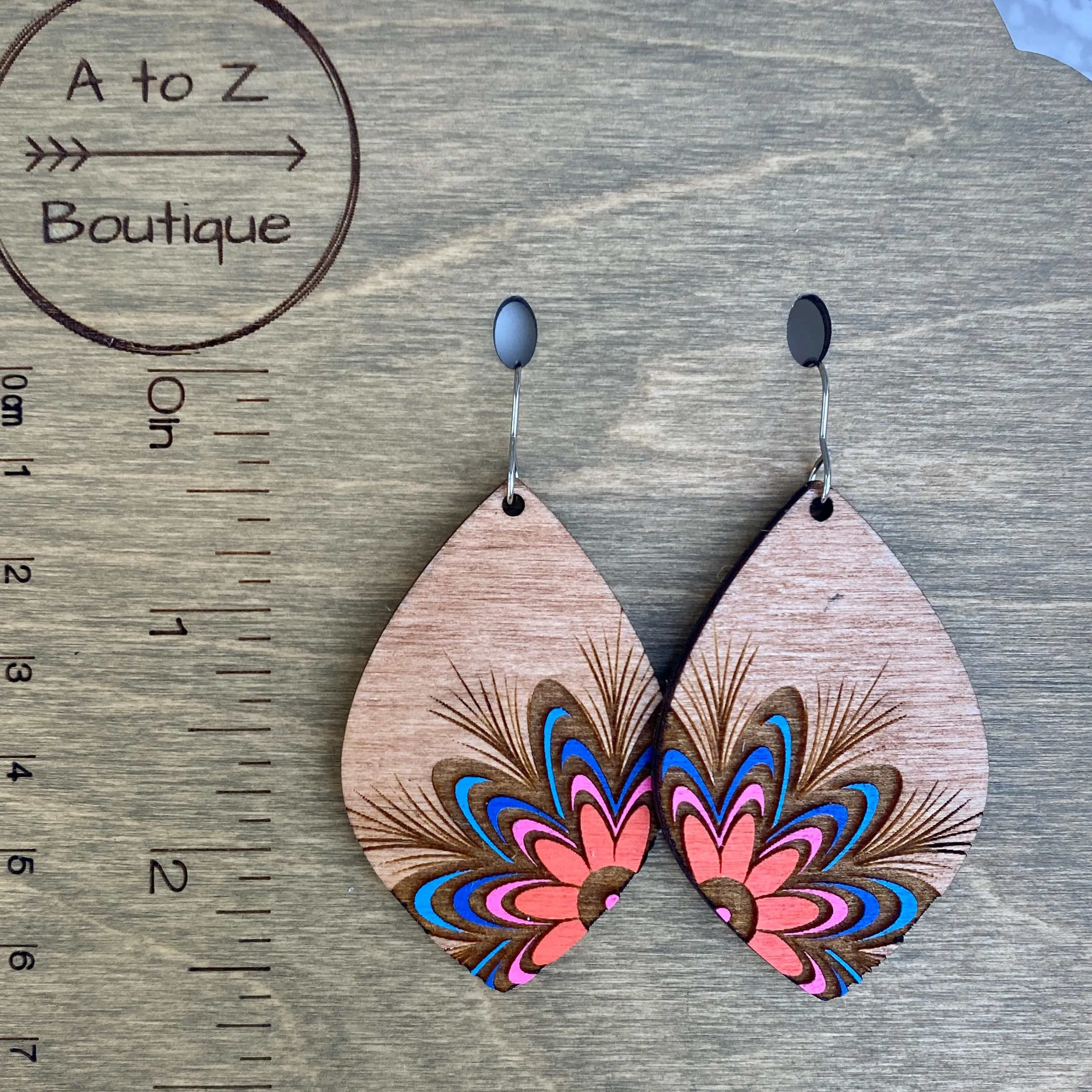 Orange and Pink Flower Wood Hand Painted Earrings