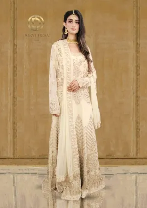 Pastel Nude Green Georgette Anarkali Set with Reshamwork and Dupatta