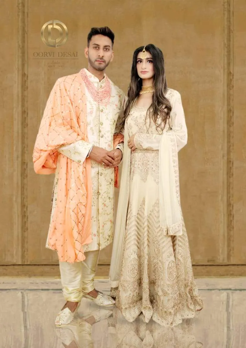 Pastel Nude Green Georgette Anarkali Set with Reshamwork and Dupatta