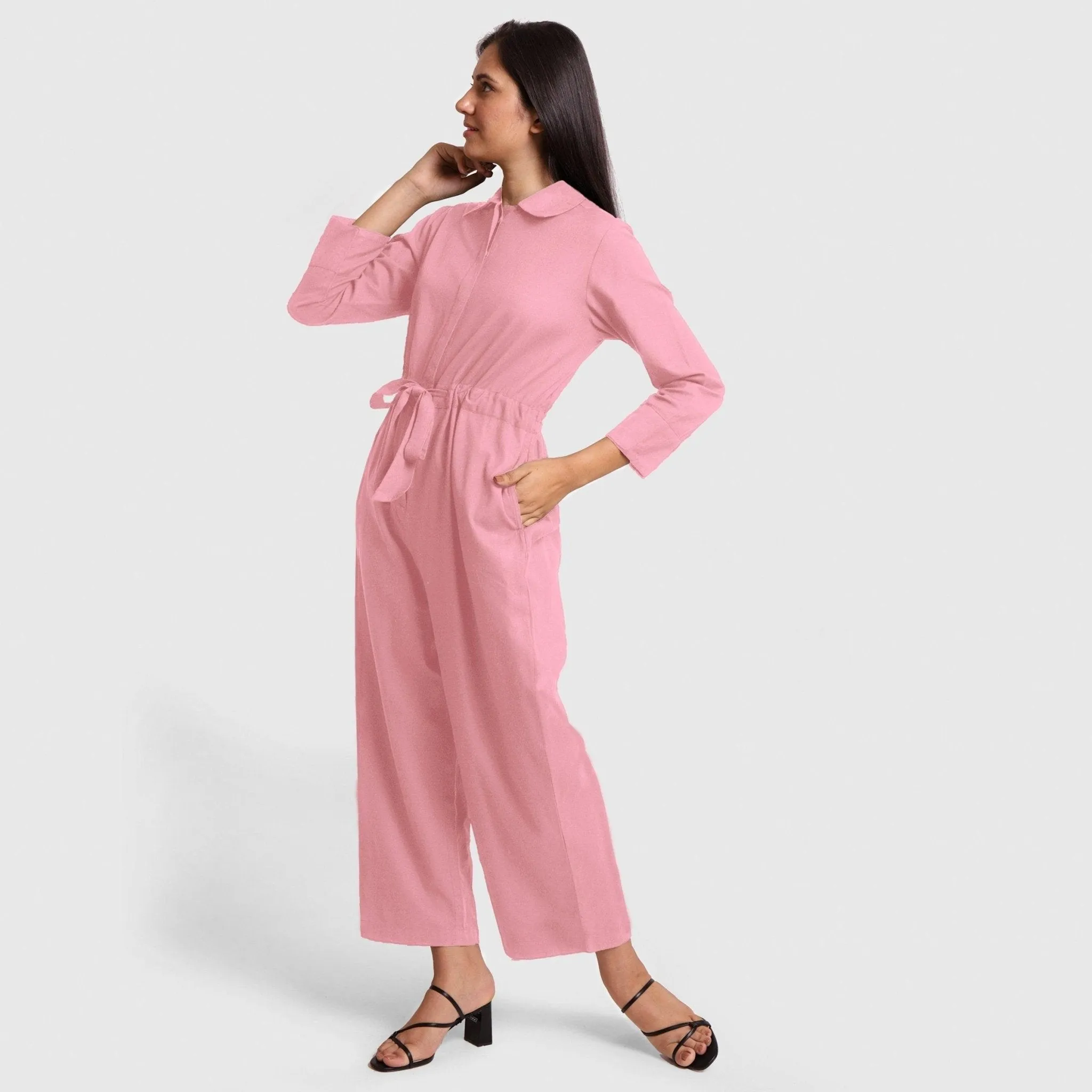 Pink Cotton Ankle Length Wide Legged Overall
