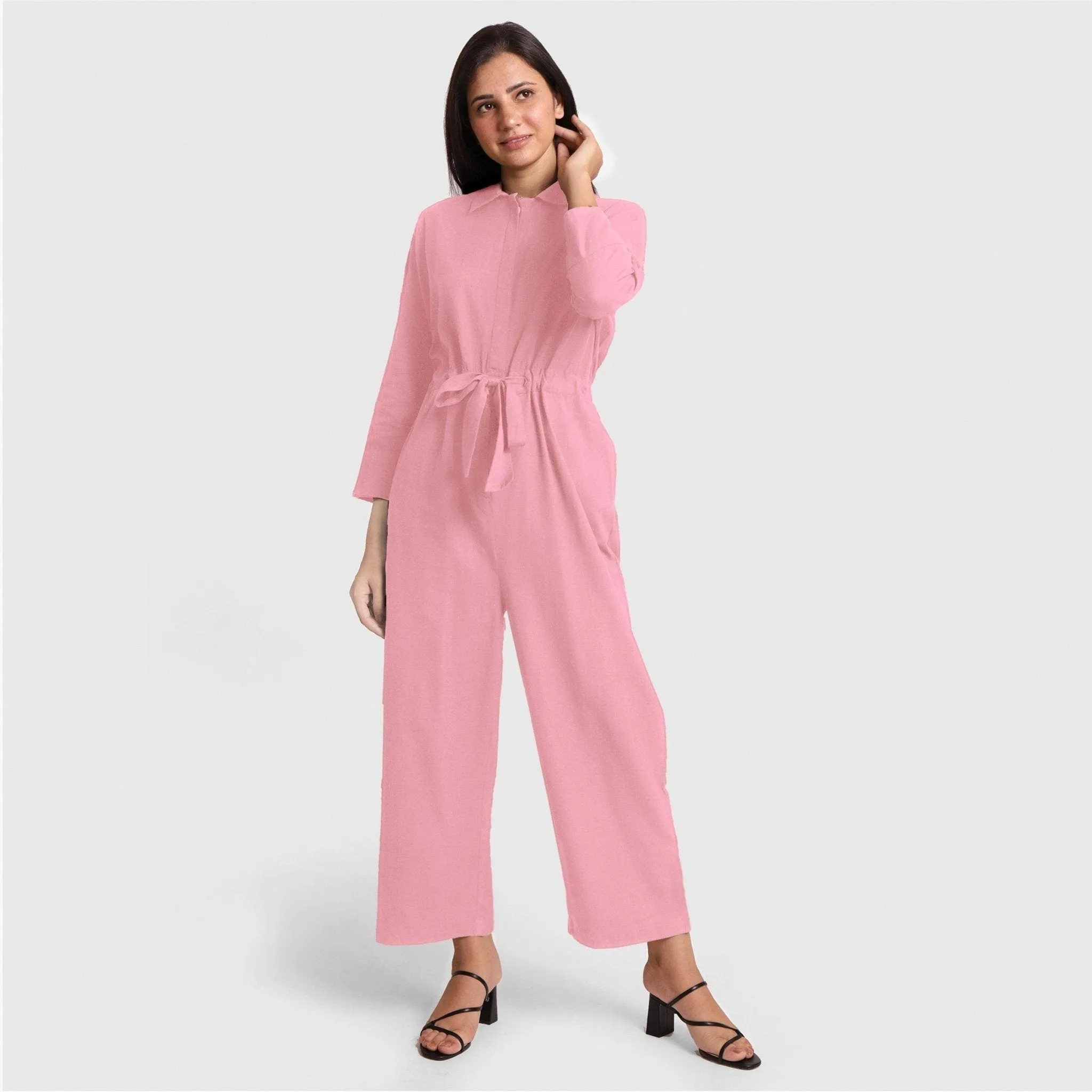 Pink Cotton Ankle Length Wide Legged Overall