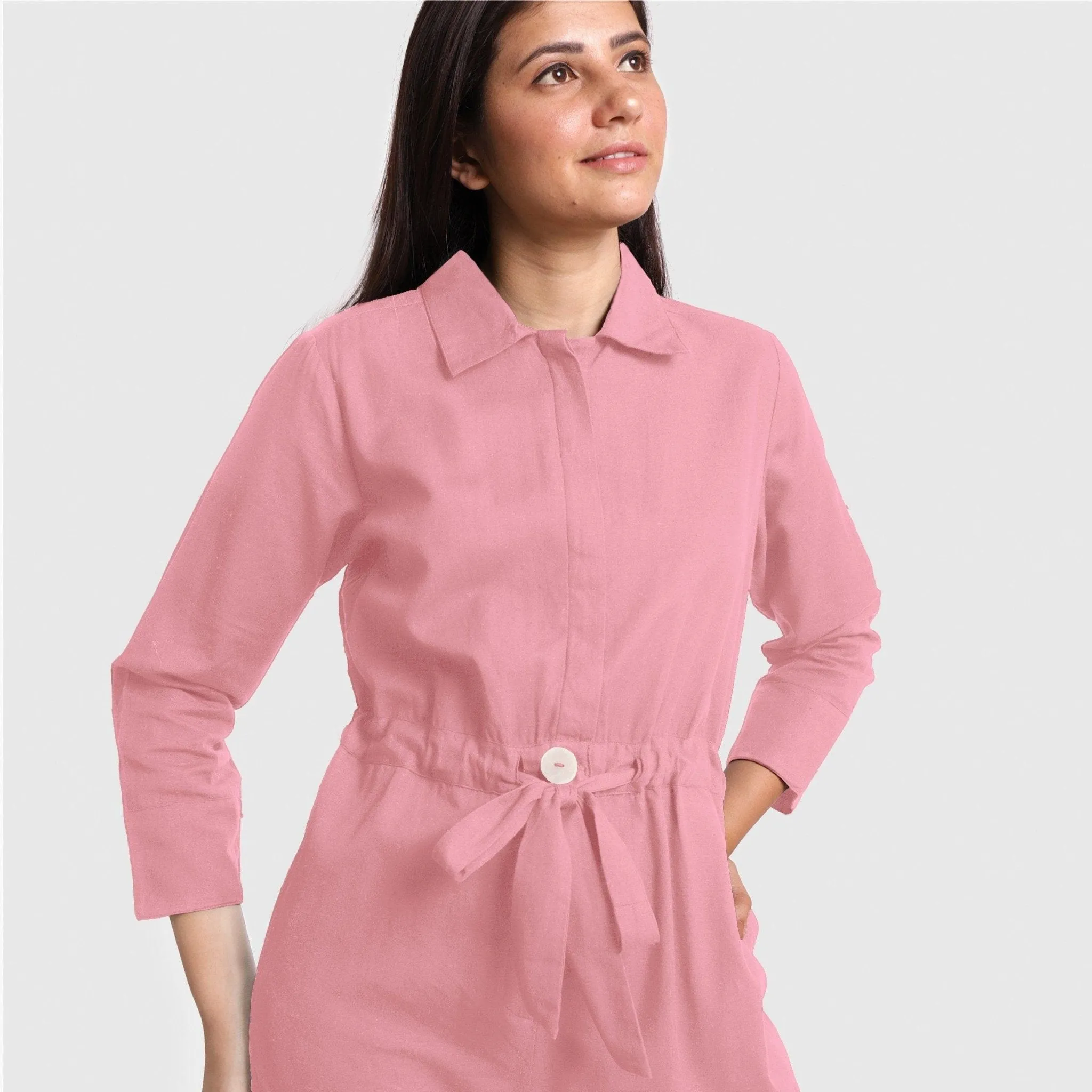 Pink Cotton Ankle Length Wide Legged Overall