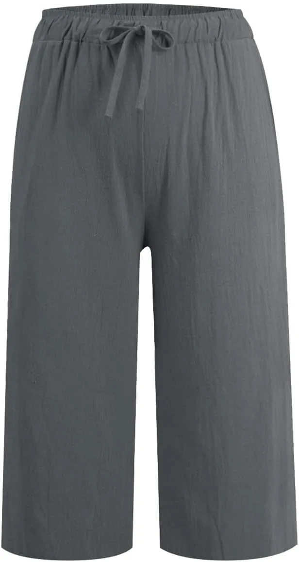 Plus Size Linen Cropped Capris for Women Drawstring Casual Cropped Trouser Leggings Summer 2024 Straight Leg Lounge