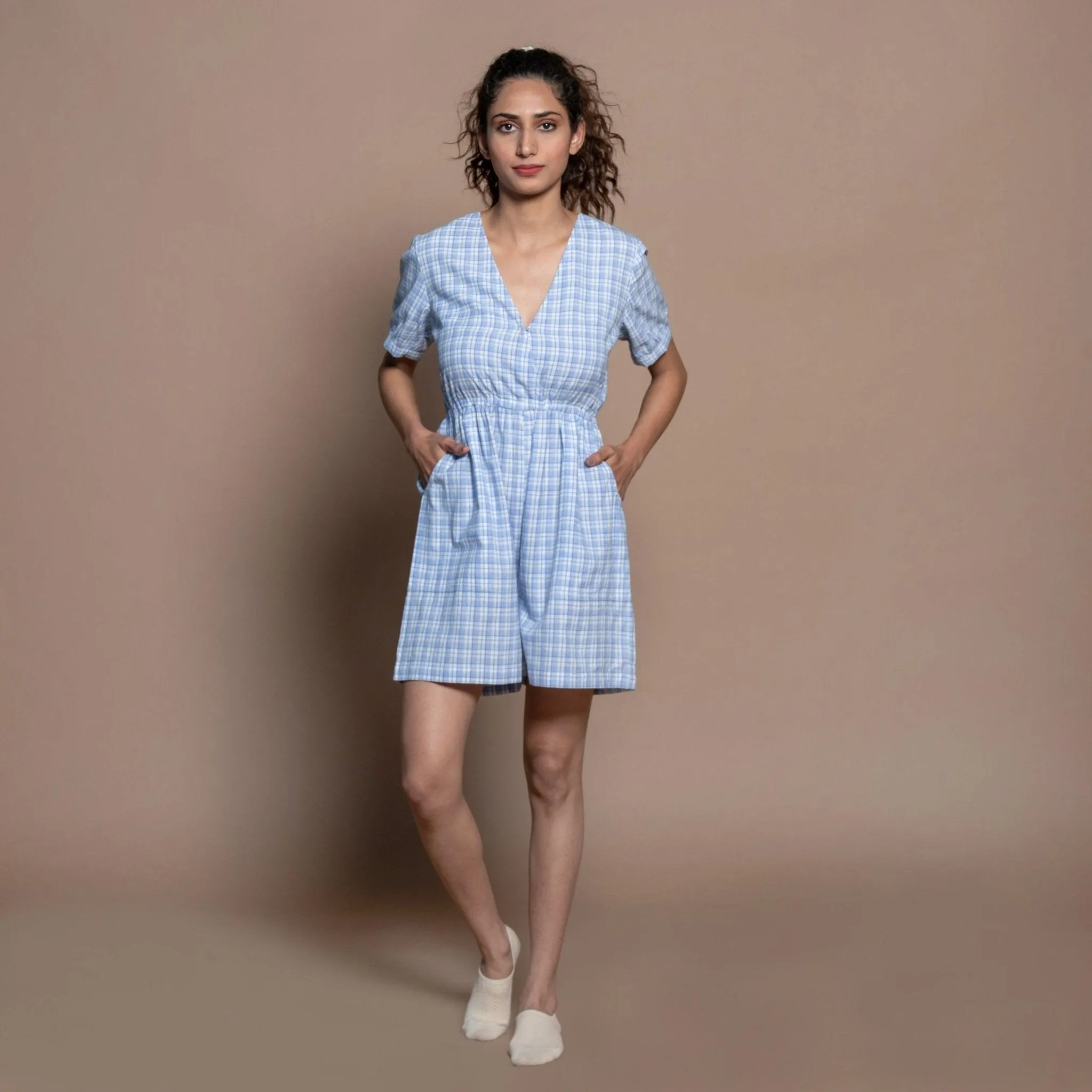 Powder Blue Checks Handspun Cotton Short Playsuit