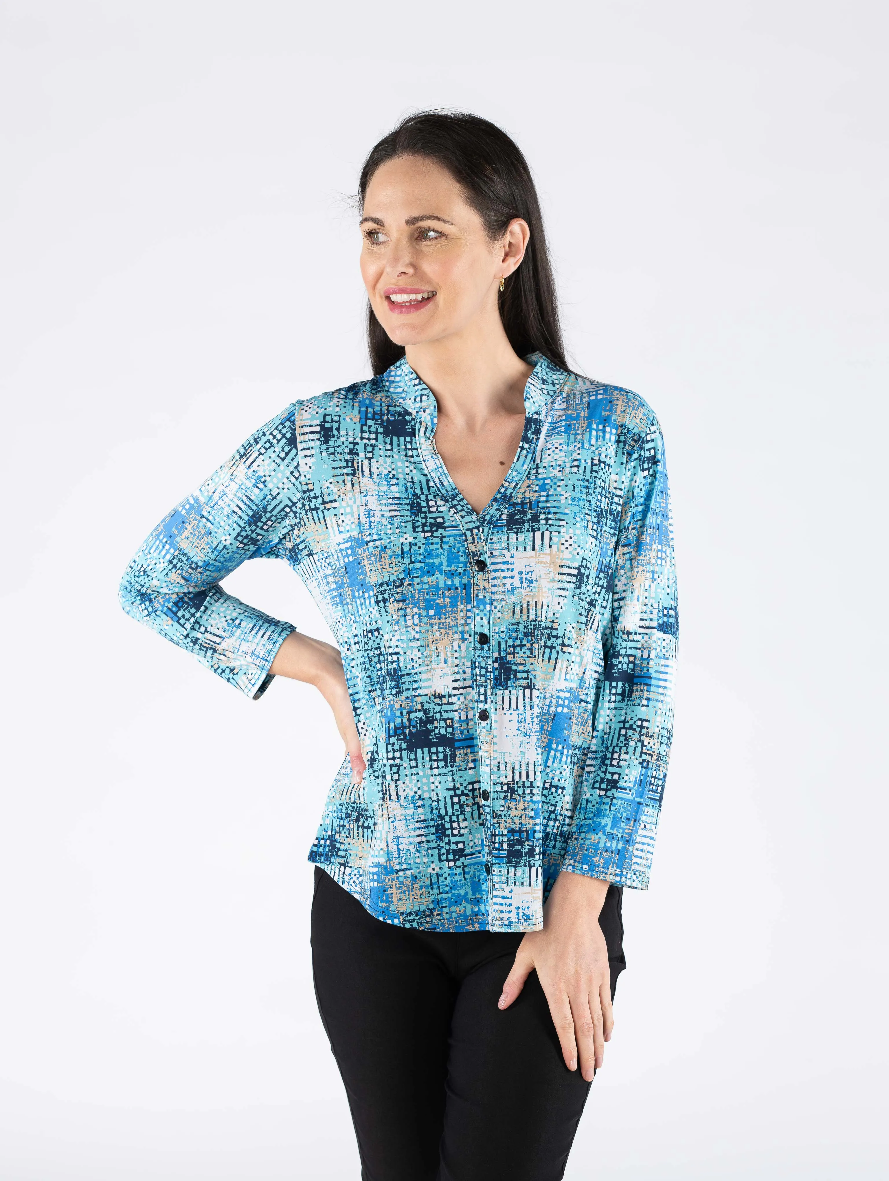 Print Top With Button Placket - Turq - TO29958