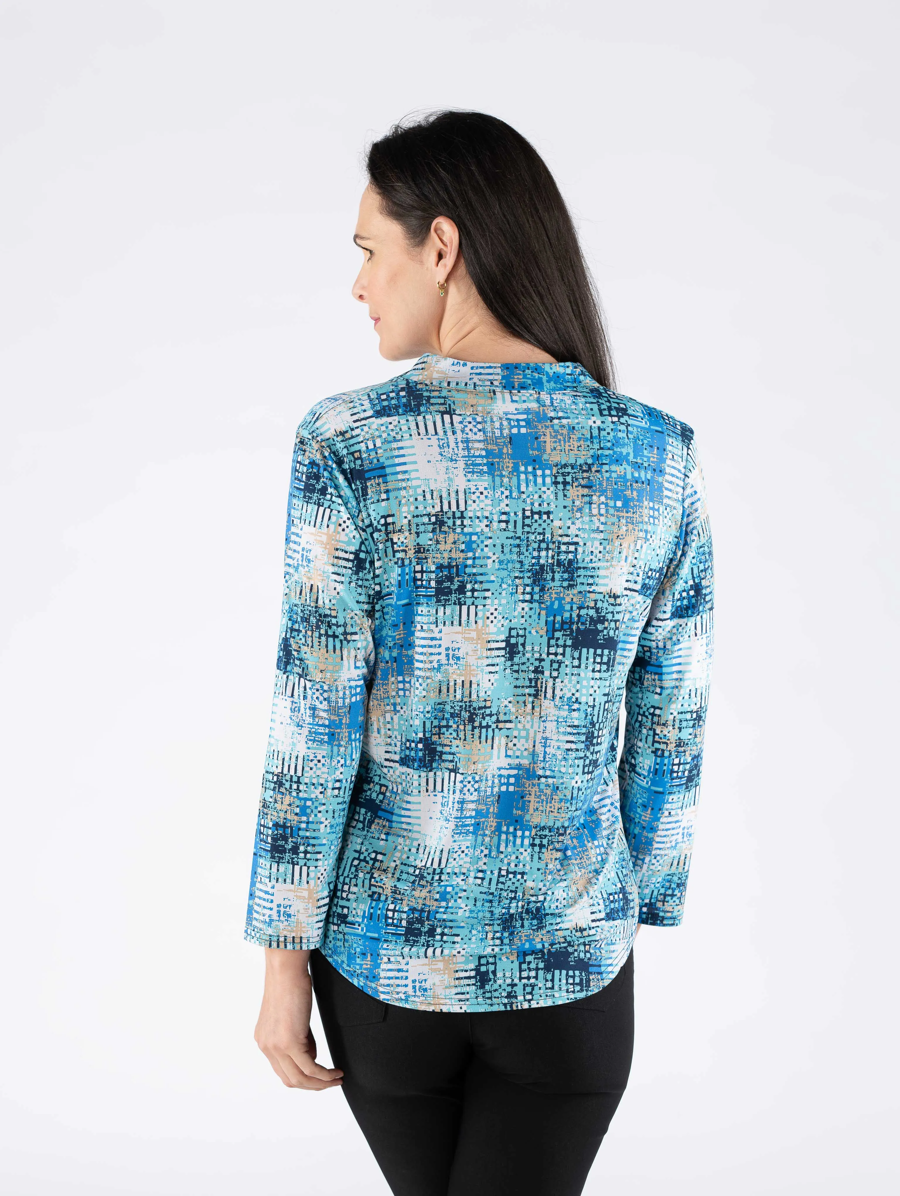 Print Top With Button Placket - Turq - TO29958