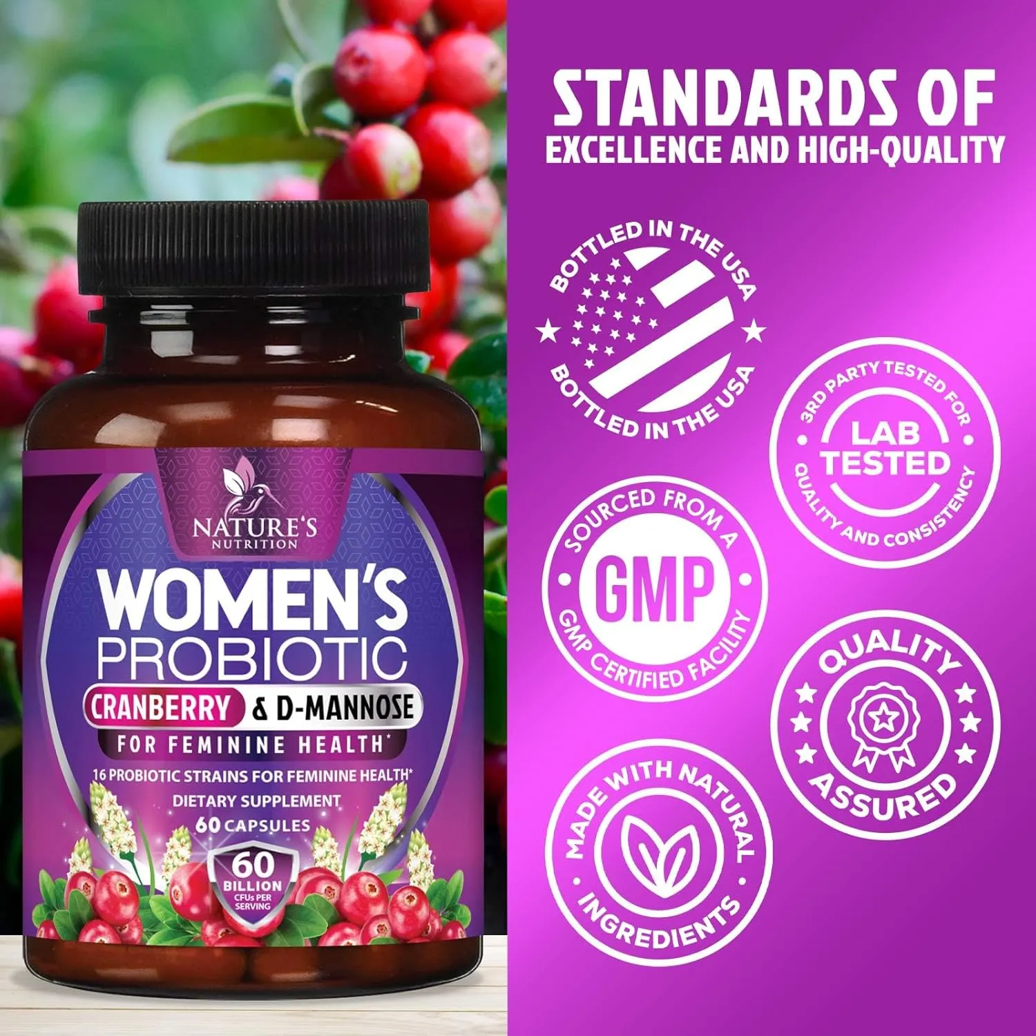 Probiotics for Women with Prebiotics & Cranberry, 50 Billion CFU, Vaginal Women's Probiotic for Immune & Digestive Health, D-Mannose for Urinary Health, Shelf Stable No Soy Gluten Dairy - 60 Capsules