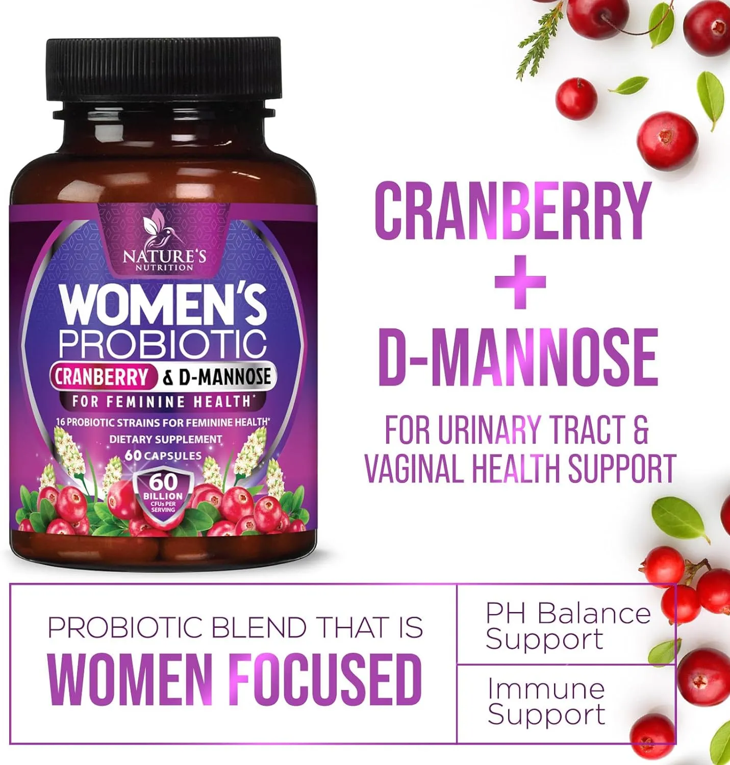 Probiotics for Women with Prebiotics & Cranberry, 50 Billion CFU, Vaginal Women's Probiotic for Immune & Digestive Health, D-Mannose for Urinary Health, Shelf Stable No Soy Gluten Dairy - 60 Capsules