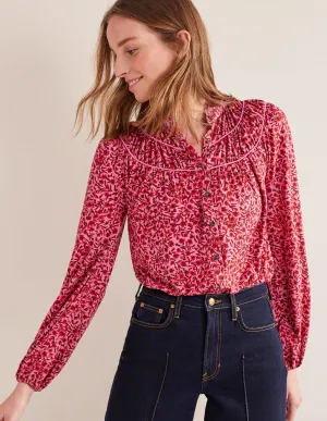 Ruched Yoke Jersey Shirt-Gin Fizz, Abstract Vine