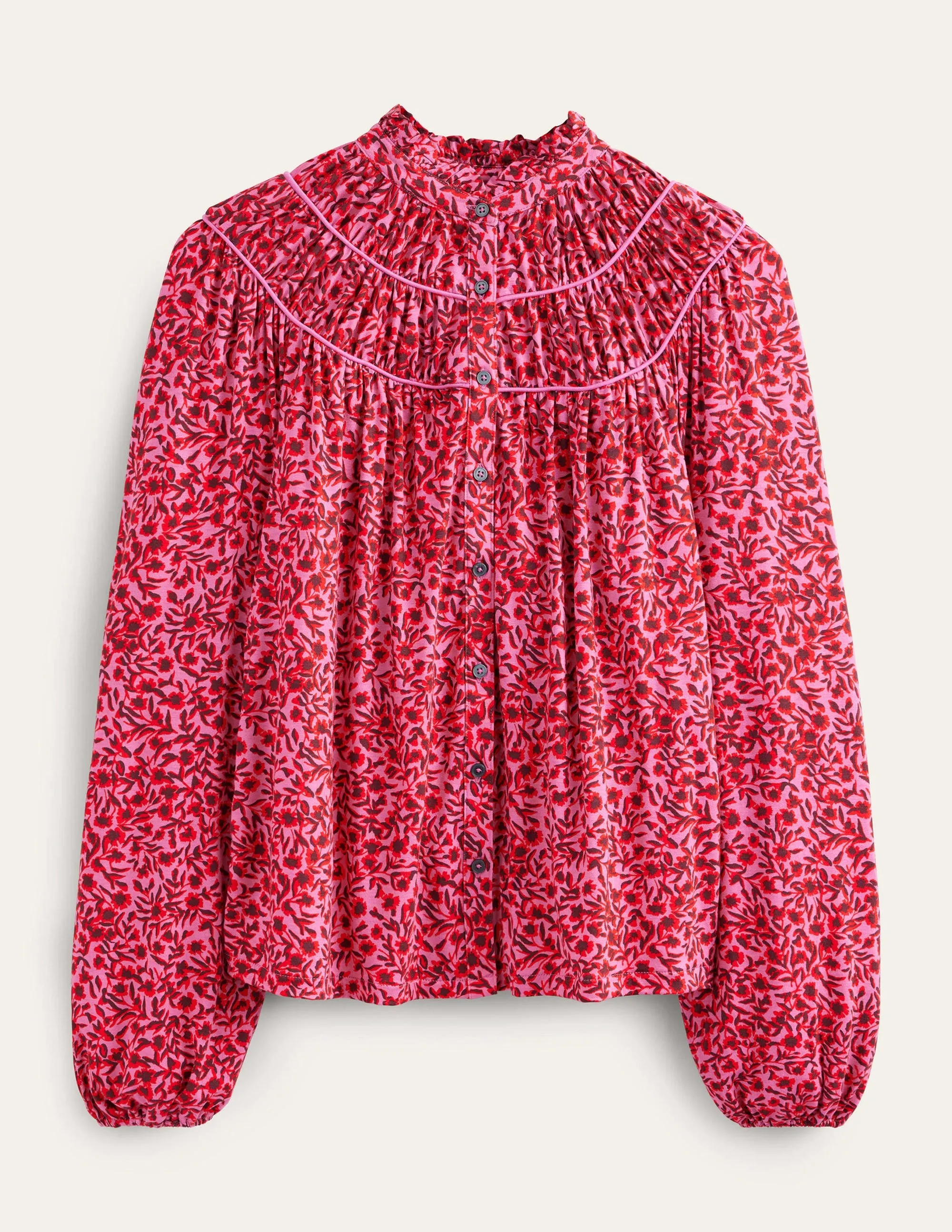 Ruched Yoke Jersey Shirt-Gin Fizz, Abstract Vine