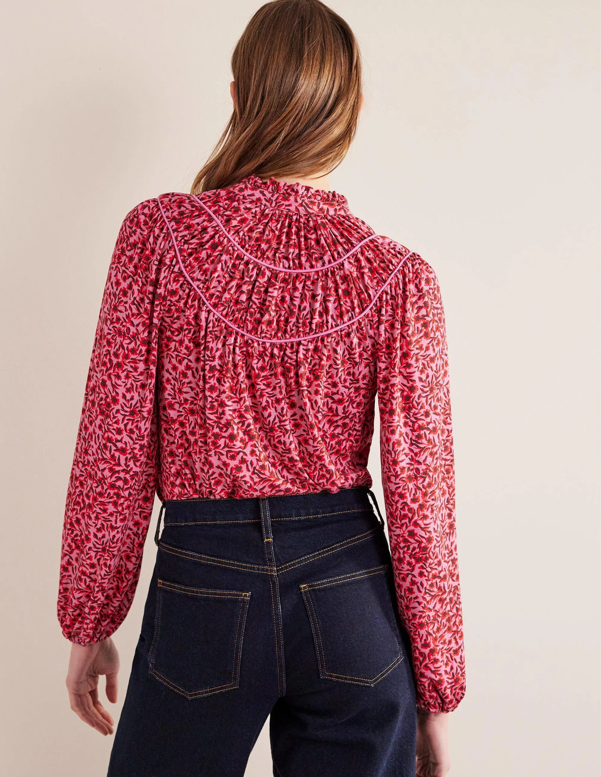 Ruched Yoke Jersey Shirt-Gin Fizz, Abstract Vine