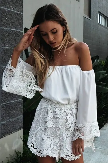 Sexy White Lace Off Shoulder Long Sleeve Jumpsuit