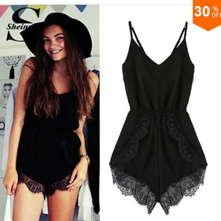 Spaghetti Strap Sleeveless V-neck Backless Lace Chiffon Party Romper