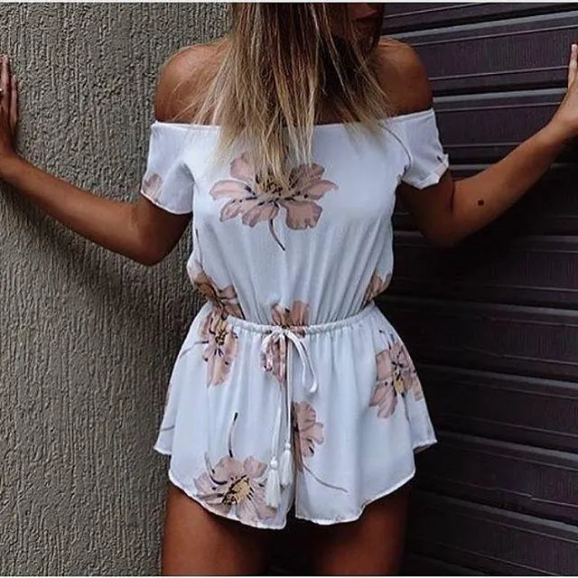 Strapless Off-shoulder Flower Print Romper