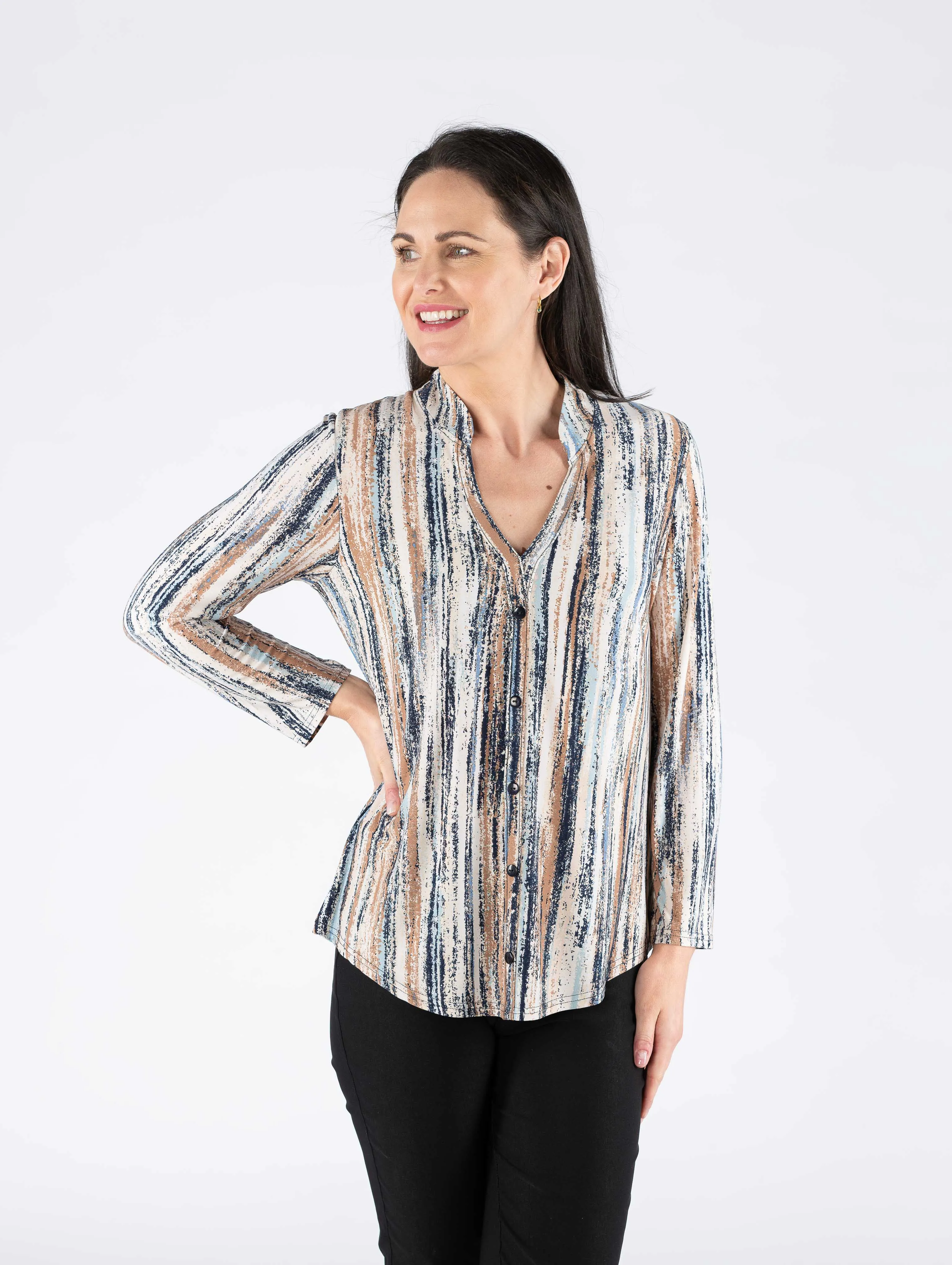 Stripe Print Top With Button Placket - Beige Multi
